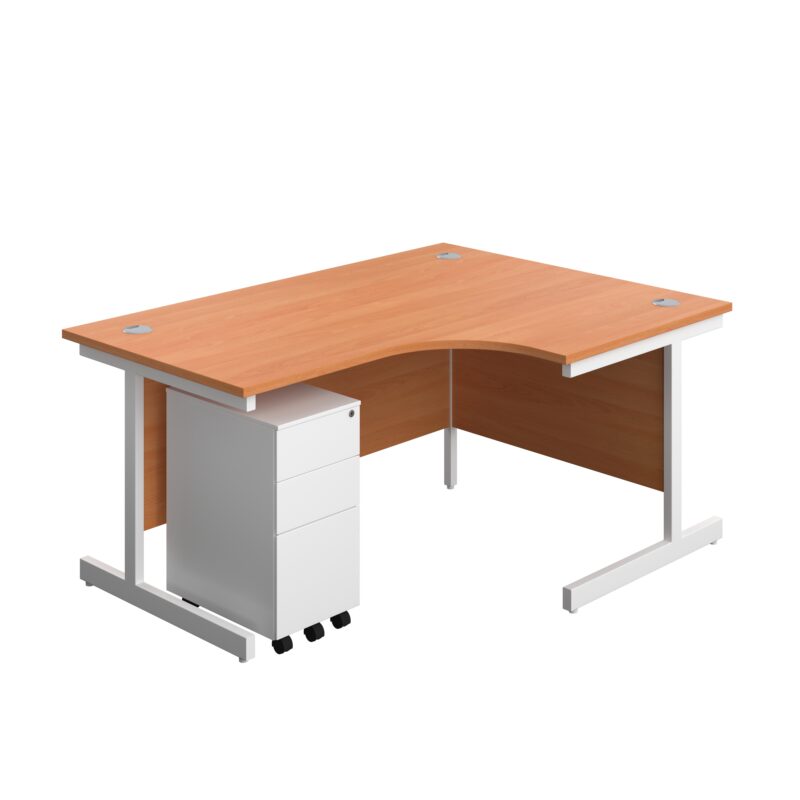 Single Upright Right Hand Radial Desk + Slimline Steel Pedestal 3 Drawers | 1600 X 1200 | Beech/White