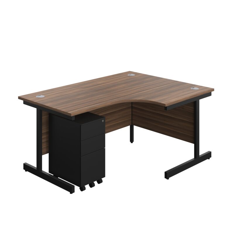 Single Upright Right Hand Radial Desk + Slimline Steel Pedestal 3 Drawers | 1600 X 1200 | Dark Walnut/Black