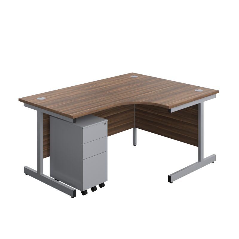 Single Upright Right Hand Radial Desk + Slimline Steel Pedestal 3 Drawers | 1600 X 1200 | Dark Walnut/Silver