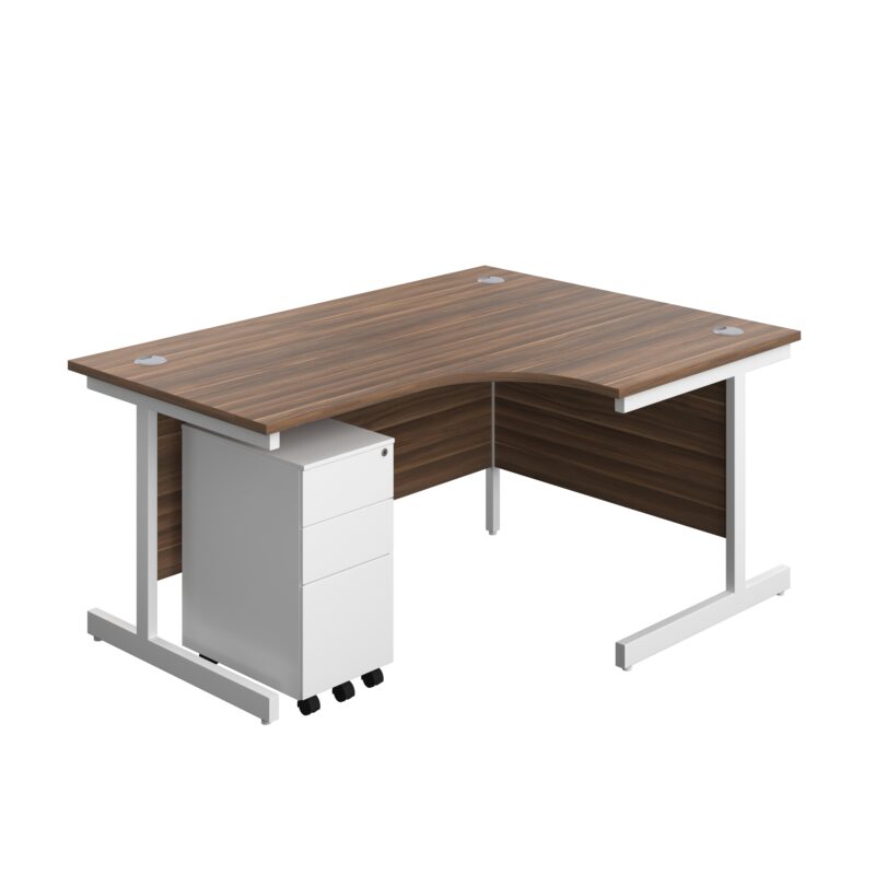 Single Upright Right Hand Radial Desk + Slimline Steel Pedestal 3 Drawers | 1600 X 1200 | Dark Walnut/White