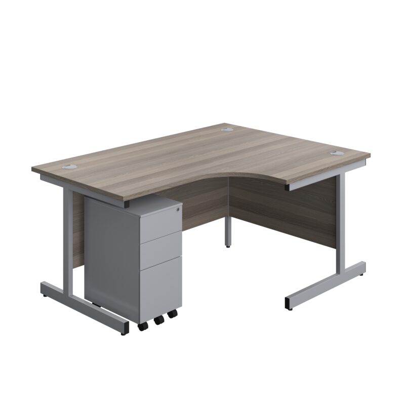 Single Upright Right Hand Radial Desk + Slimline Steel Pedestal 3 Drawers | 1600 X 1200 | Grey Oak/Silver