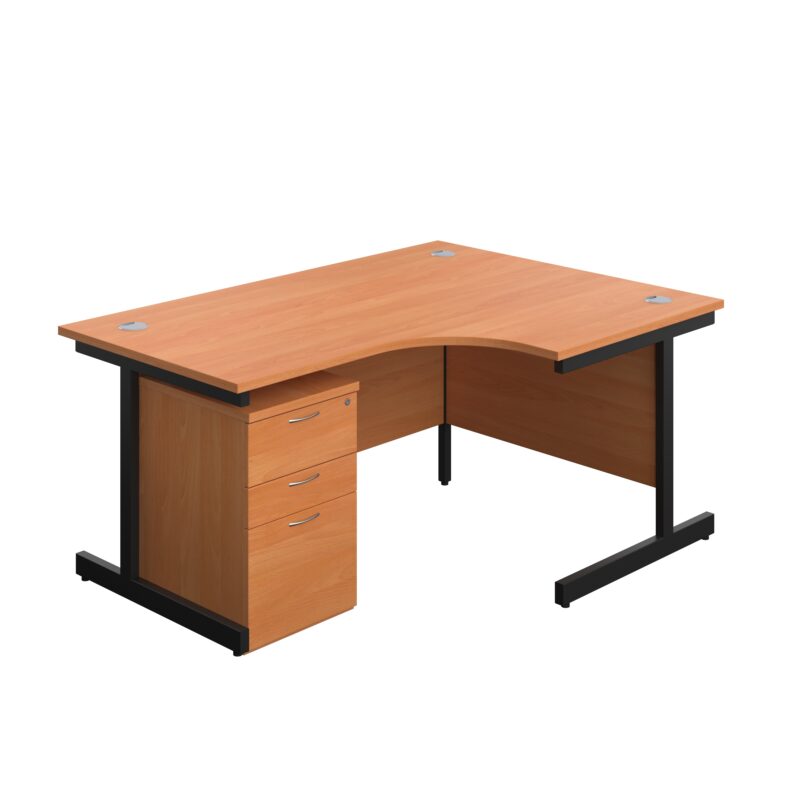 Single Upright Right Hand Radial Desk + High Mobile Pedestal 3 Drawer | 1600 X 1200 | Beech/Black