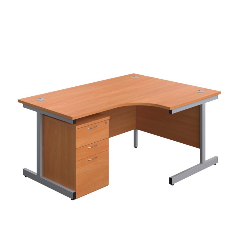 Single Upright Right Hand Radial Desk + High Mobile Pedestal 3 Drawer | 1600 X 1200 | Beech/Silver