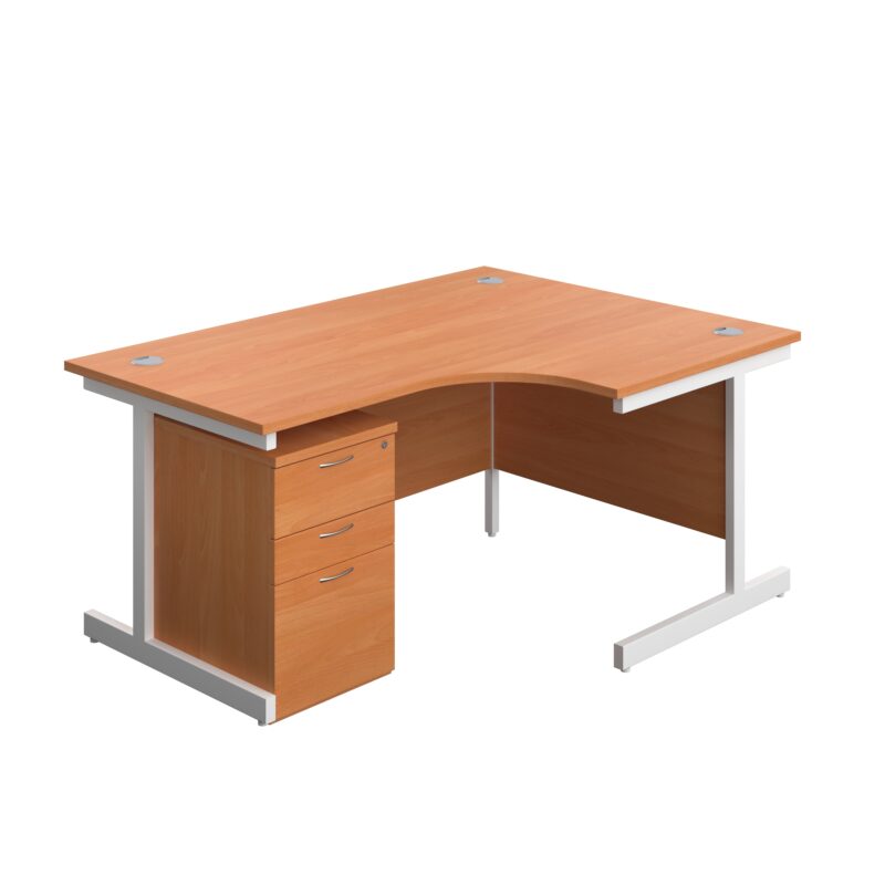 Single Upright Right Hand Radial Desk + High Mobile Pedestal 3 Drawer | 1600 X 1200 | Beech/White