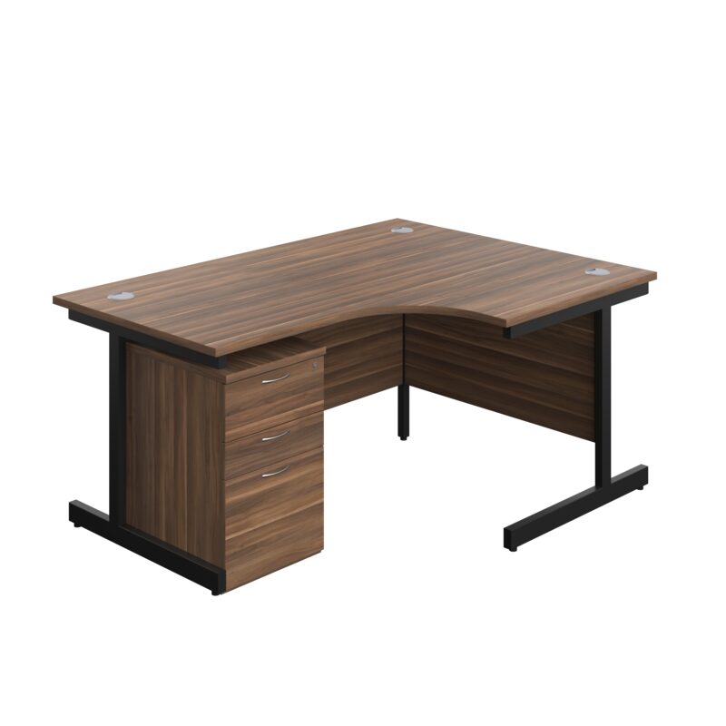 Single Upright Right Hand Radial Desk + High Mobile Pedestal 3 Drawer | 1600 X 1200 | Dark Walnut/Black