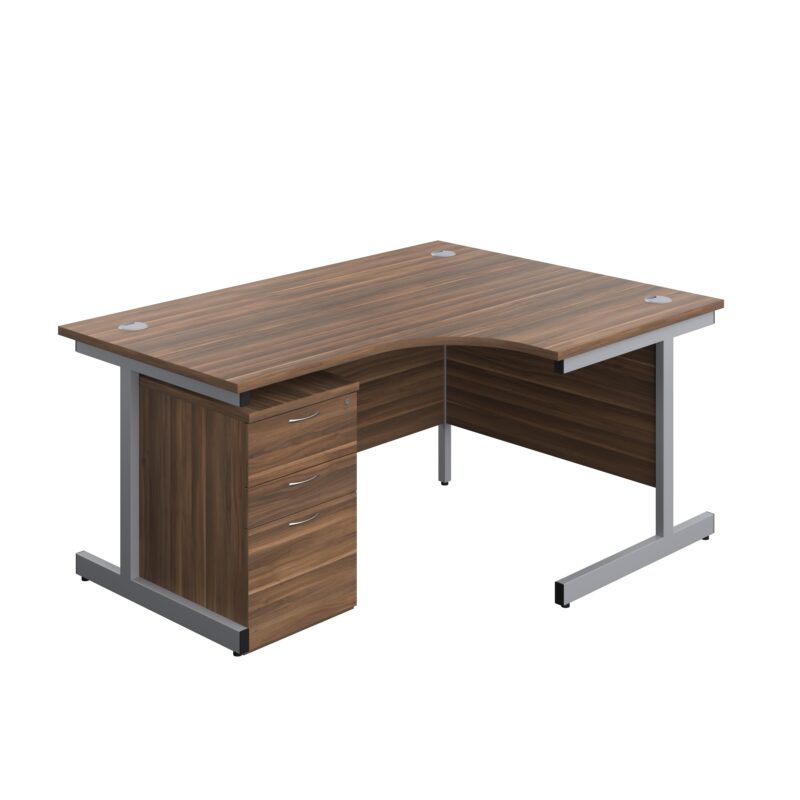 Single Upright Right Hand Radial Desk + High Mobile Pedestal 3 Drawer | 1600 X 1200 | Dark Walnut/Silver