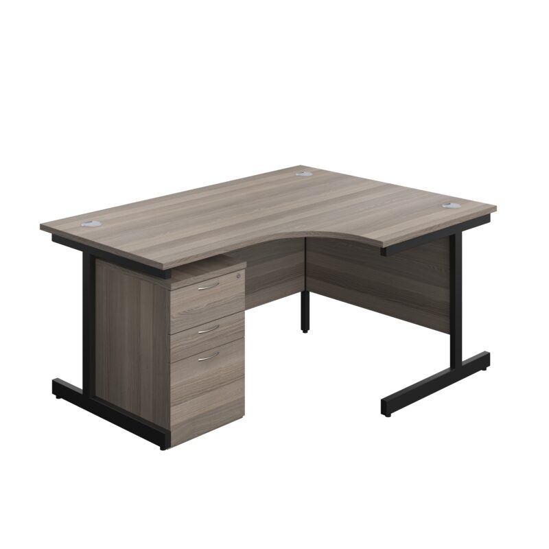 Single Upright Right Hand Radial Desk + High Mobile Pedestal 3 Drawer | 1600 X 1200 | Grey Oak/Black