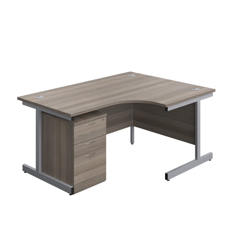 Single Upright Right Hand Radial Desk + High Mobile Pedestal 3 Drawer | 1600 X 1200 | Grey Oak/Silver