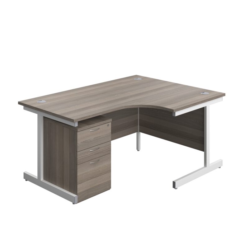 Single Upright Right Hand Radial Desk + High Mobile Pedestal 3 Drawer | 1600 X 1200 | Grey Oak/White