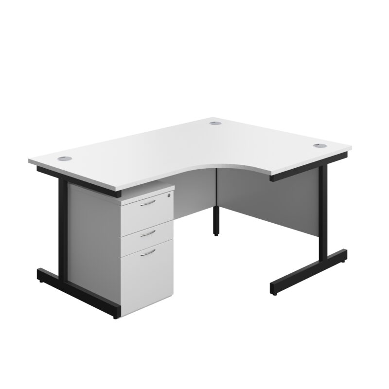 Single Upright Right Hand Radial Desk + High Mobile Pedestal 3 Drawer | 1600 X 1200 | White/Black