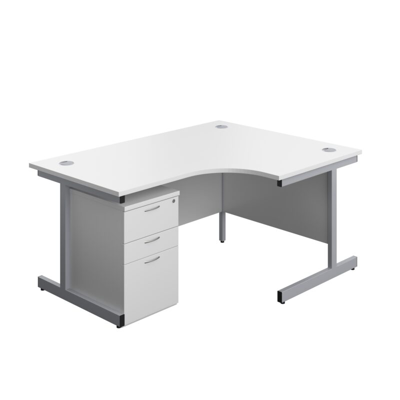 Single Upright Right Hand Radial Desk + High Mobile Pedestal 3 Drawer | 1600 X 1200 | White/Silver