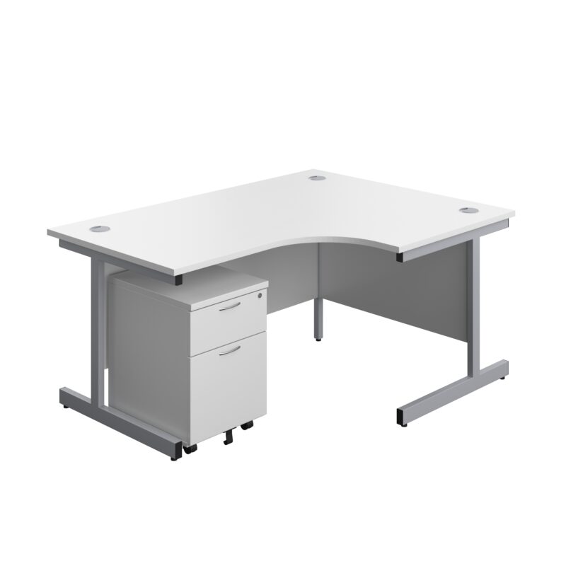 Single Upright Right Hand Radial Desk + Mobile 2 Drawer Pedestal | 1600 X 1200 | White/Silver