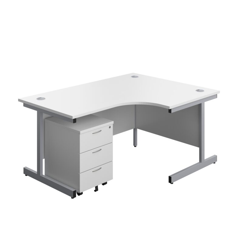 Single Upright Right Hand Radial Desk + Mobile 3 Drawer Pedestal | 1600 X 1200 | White/Silver