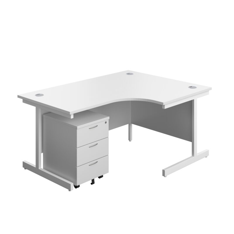 Single Upright Right Hand Radial Desk + Mobile 3 Drawer Pedestal | 1600 X 1200 | White/White