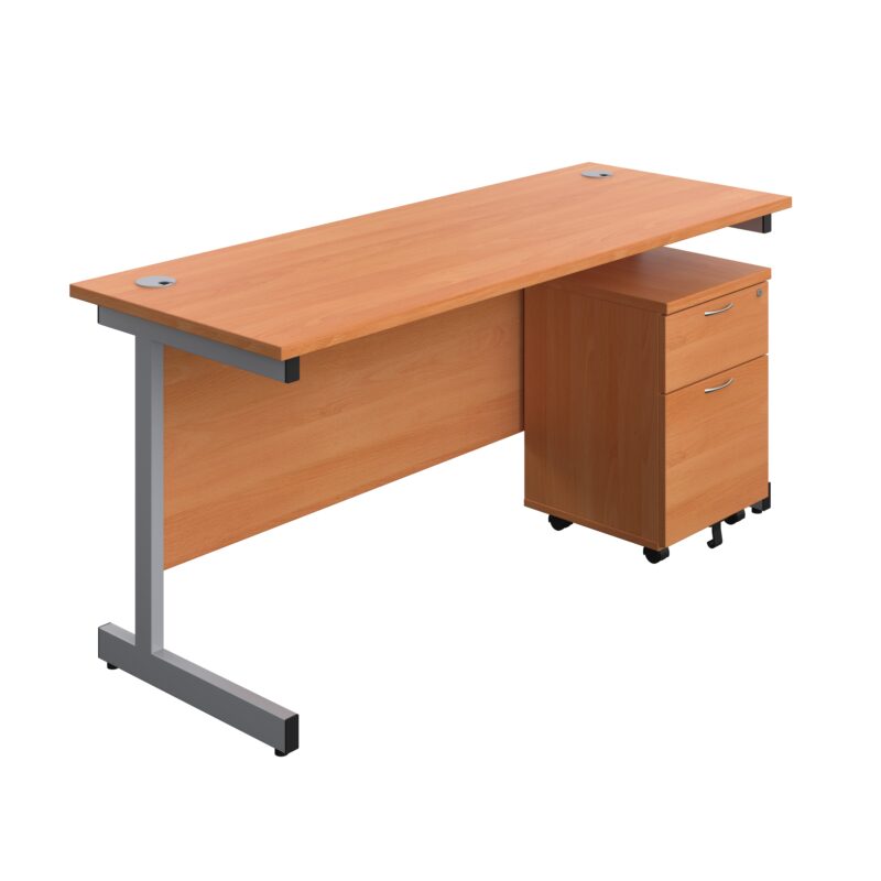 Single Upright Rectangular Desk + Mobile 2 Drawer Pedestal | 1600 X 600 | Beech/Silver