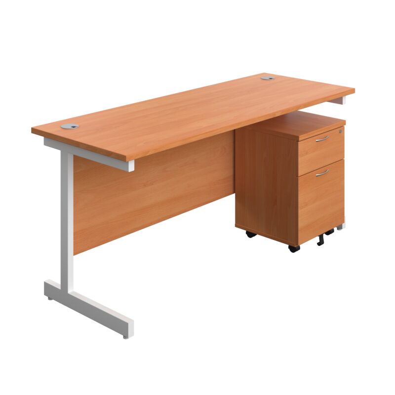 Single Upright Rectangular Desk + Mobile 2 Drawer Pedestal | 1600 X 600 | Beech/White