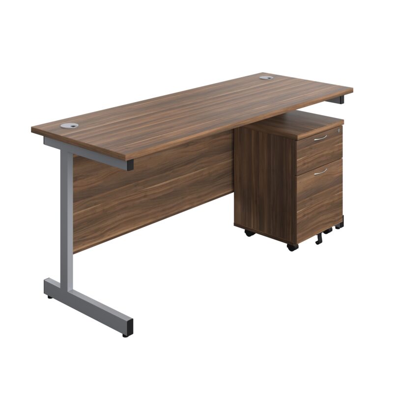 Single Upright Rectangular Desk + Mobile 2 Drawer Pedestal | 1600 X 600 | Dark Walnut/Silver