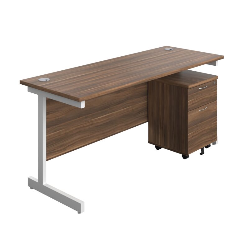 Single Upright Rectangular Desk + Mobile 2 Drawer Pedestal | 1600 X 600 | Dark Walnut/White