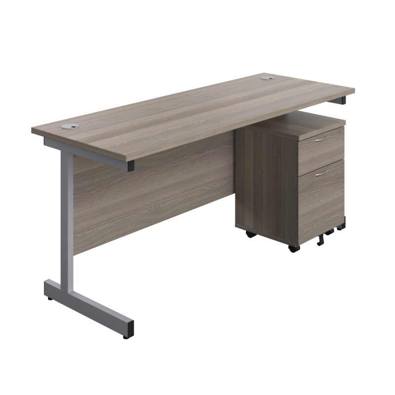 Single Upright Rectangular Desk + Mobile 2 Drawer Pedestal | 1600 X 600 | Grey Oak/Silver