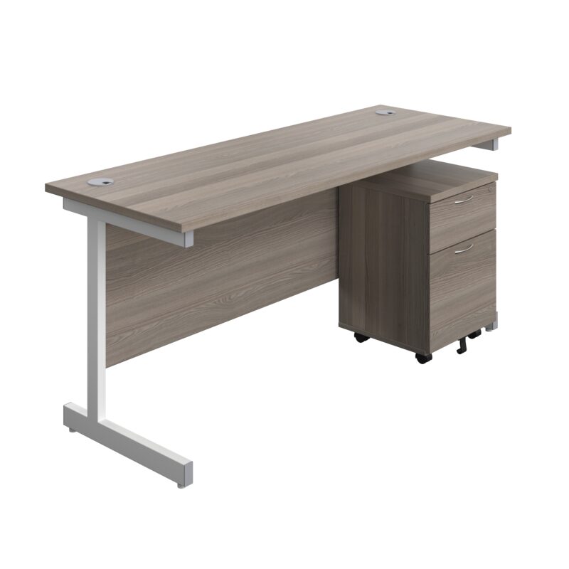 Single Upright Rectangular Desk + Mobile 2 Drawer Pedestal | 1600 X 600 | Grey Oak/White