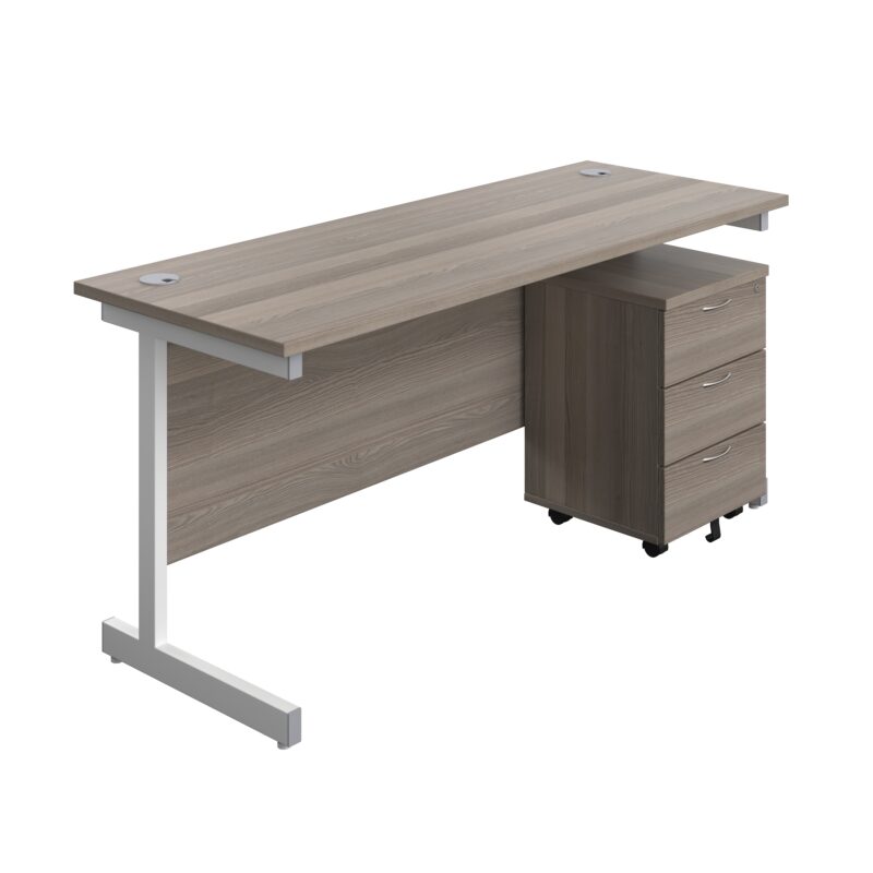 Single Upright Rectangular Desk + Mobile 3 Drawer Pedestal | 1600 X 600 | Grey Oak/White