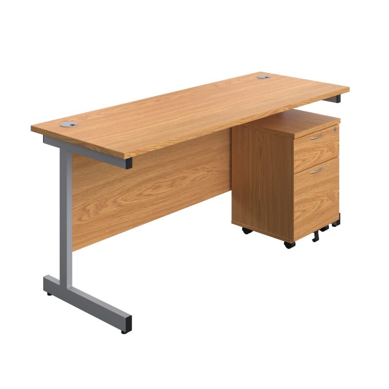 Single Upright Rectangular Desk + Mobile 2 Drawer Pedestal | 1600 X 600 | Nova Oak/Silver