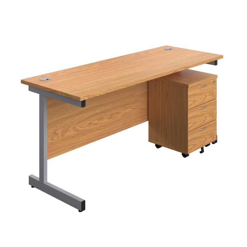 Single Upright Rectangular Desk + Mobile 3 Drawer Pedestal | 1600 X 600 | Nova Oak/Silver