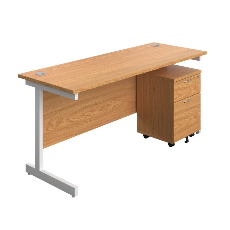 Single Upright Rectangular Desk + Mobile 2 Drawer Pedestal | 1600 X 600 | Nova Oak/White