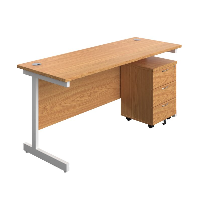 Single Upright Rectangular Desk + Mobile 3 Drawer Pedestal | 1600 X 600 | Nova Oak/White