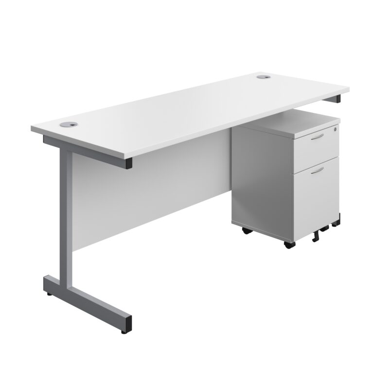 Single Upright Rectangular Desk + Mobile 2 Drawer Pedestal | 1600 X 600 | White/Silver