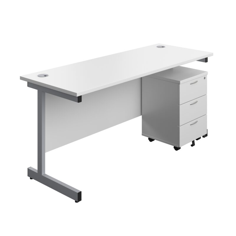 Single Upright Rectangular Desk + Mobile 3 Drawer Pedestal | 1600 X 600 | White/Silver