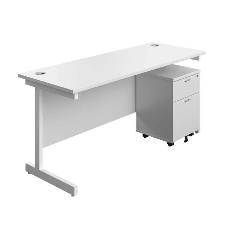 Single Upright Rectangular Desk + Mobile 2 Drawer Pedestal | 1600 X 600 | White/White