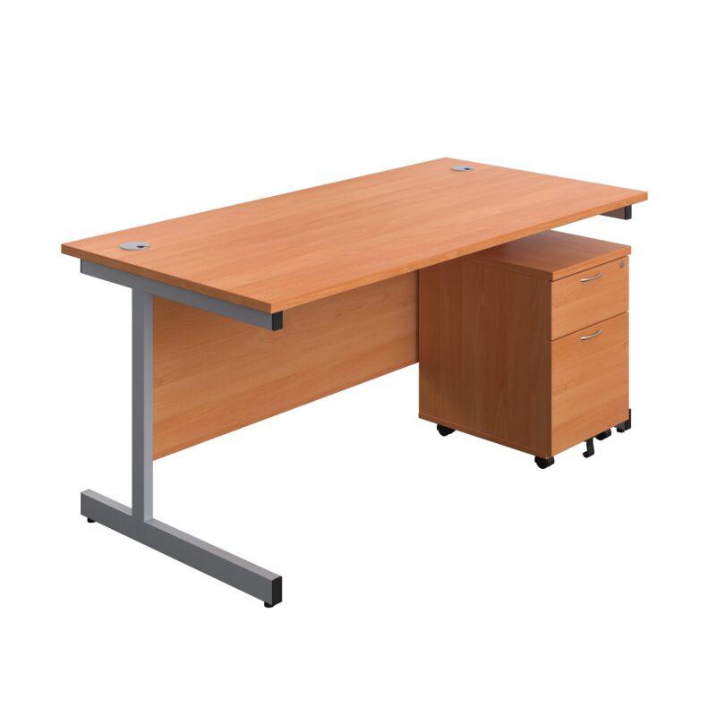 Single Upright Rectangular Desk + Mobile 2 Drawer Pedestal | 1600 X 800 | Beech/Silver