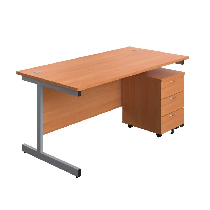 Single Upright Rectangular Desk + Mobile 3 Drawer Pedestal | 1600 X 800 | Beech/Silver