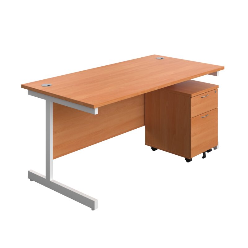 Single Upright Rectangular Desk + Mobile 2 Drawer Pedestal | 1600 X 800 | Beech/White