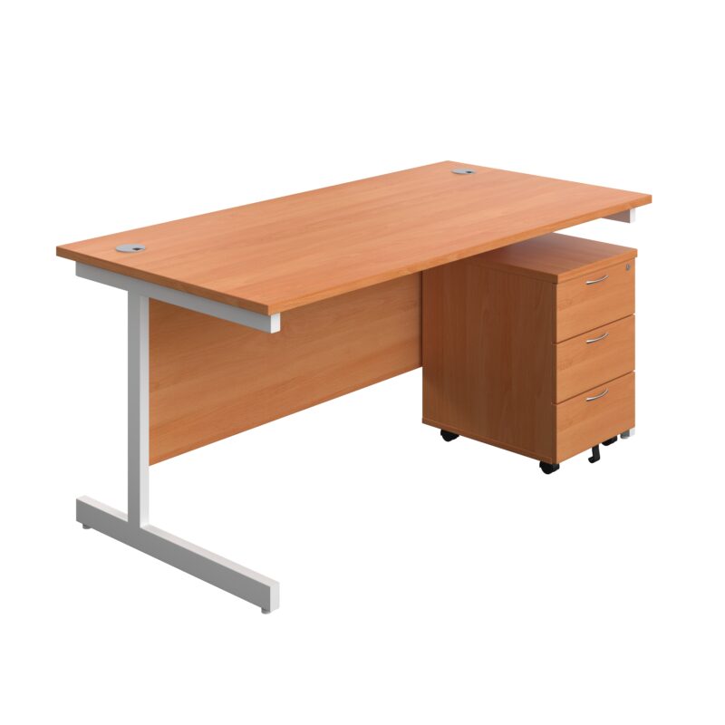 Single Upright Rectangular Desk + Mobile 3 Drawer Pedestal | 1600 X 800 | Beech/White