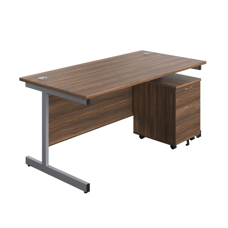 Single Upright Rectangular Desk + Mobile 2 Drawer Pedestal | 1600 X 800 | Dark Walnut/Silver