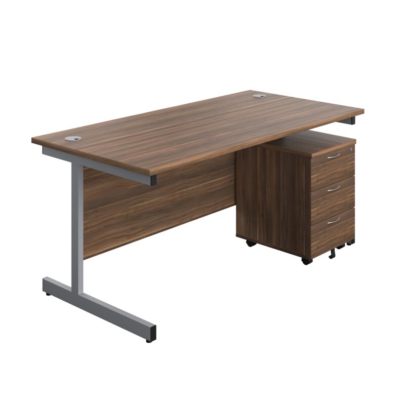 Single Upright Rectangular Desk + Mobile 3 Drawer Pedestal | 1600 X 800 | Dark Walnut/Silver