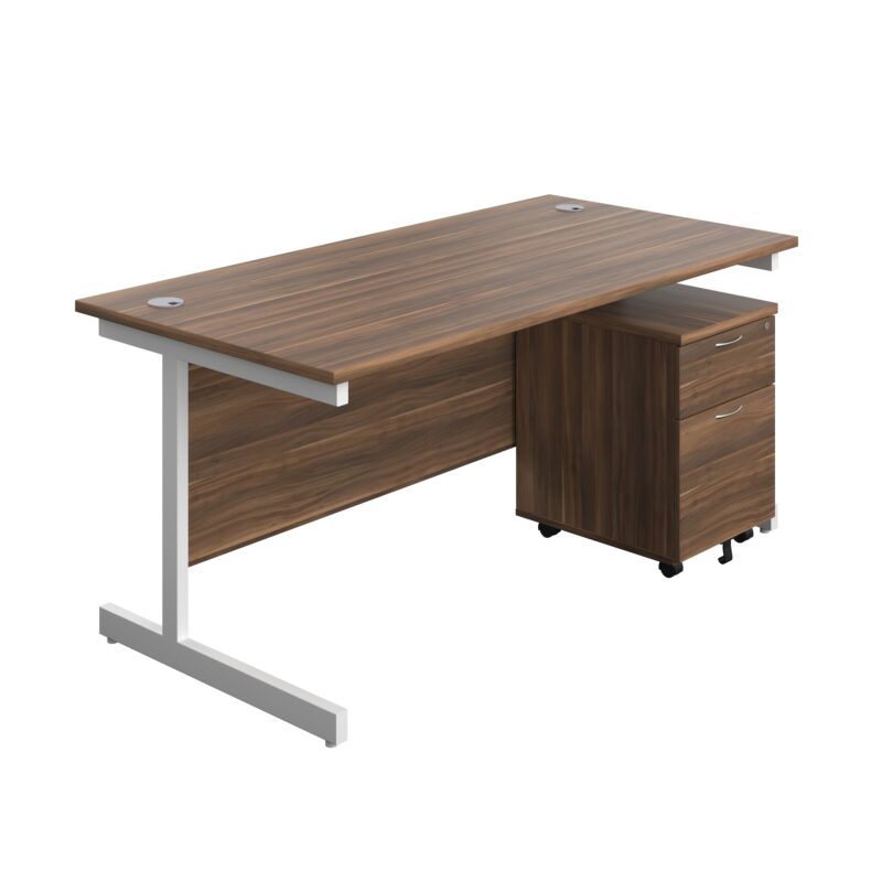 Single Upright Rectangular Desk + Mobile 2 Drawer Pedestal | 1600 X 800 | Dark Walnut/White