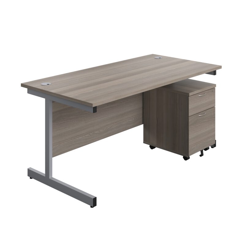 Single Upright Rectangular Desk + Mobile 2 Drawer Pedestal | 1600 X 800 | Grey Oak/Silver