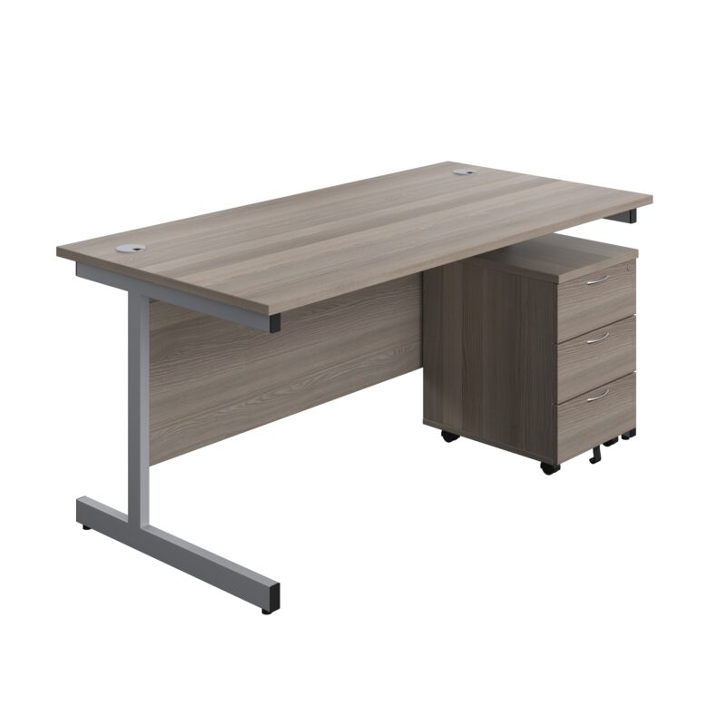 Single Upright Rectangular Desk + Mobile 3 Drawer Pedestal | 1600 X 800 | Grey Oak/Silver