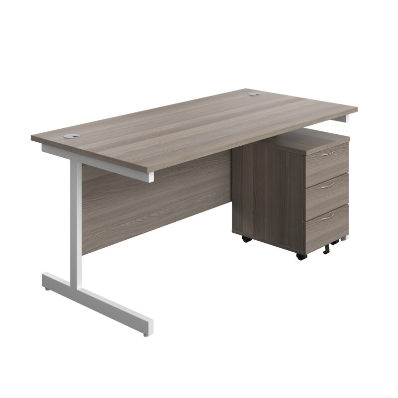 Single Upright Rectangular Desk + Mobile 3 Drawer Pedestal | 1600 X 800 | Grey Oak/White