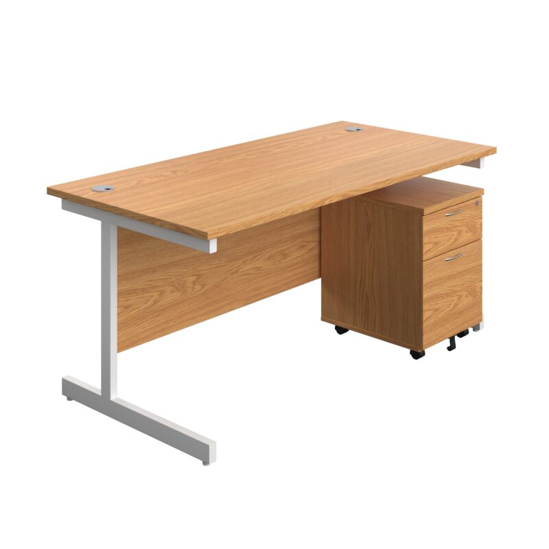 Single Upright Rectangular Desk + Mobile 2 Drawer Pedestal | 1600 X 800 | Nova Oak/White