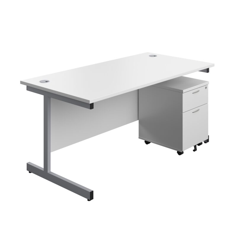 Single Upright Rectangular Desk + Mobile 2 Drawer Pedestal | 1600 X 800 | White/Silver