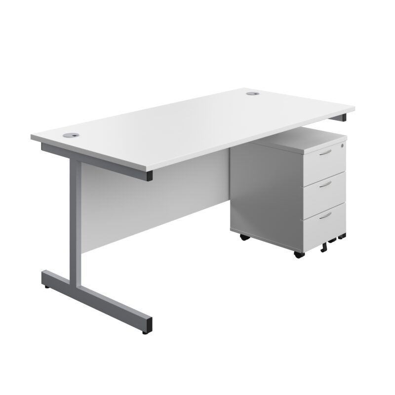 Single Upright Rectangular Desk + Mobile 3 Drawer Pedestal | 1600 X 800 | White/Silver