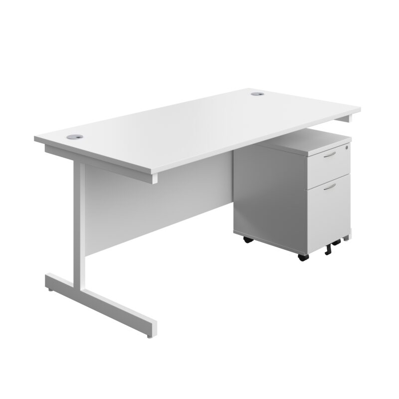 Single Upright Rectangular Desk + Mobile 2 Drawer Pedestal | 1600 X 800 | White/White