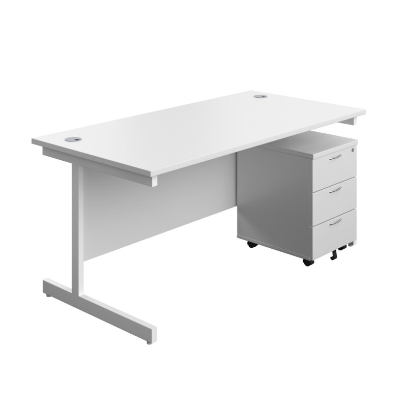 Single Upright Rectangular Desk + Mobile 3 Drawer Pedestal | 1600 X 800 | White/White