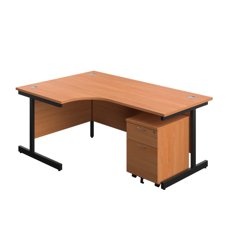 Single Upright Left Hand Radial Desk + Mobile 2 Drawer Pedestal | 1800 X 1200 | Beech/Black