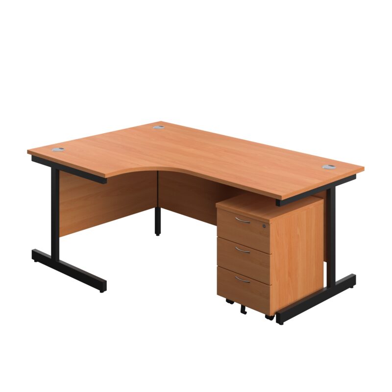 Single Upright Left Hand Radial Desk + Mobile 3 Drawer Pedestal | 1800 X 1200 | Beech/Black