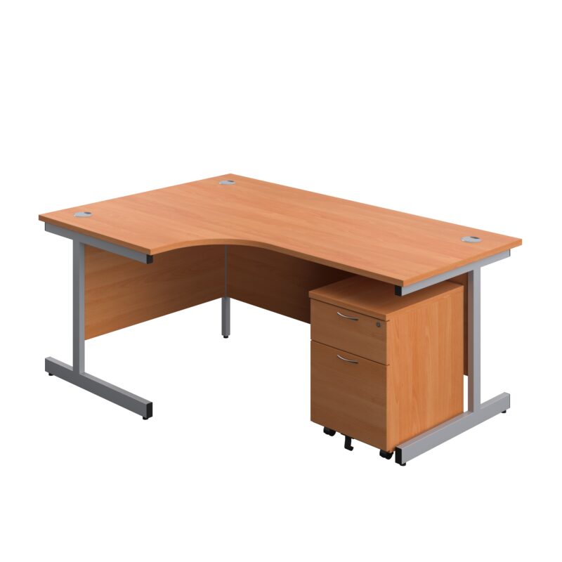 Single Upright Left Hand Radial Desk + Mobile 2 Drawer Pedestal | 1800 X 1200 | Beech/Silver